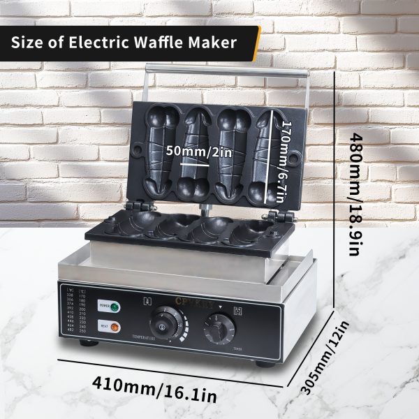 Adjustable 50-300℃/122-572℉ Non-Stick Teflon Coating Penis Shape Waffle Maker & Hotdog Maker 4 Snack Machine Molds