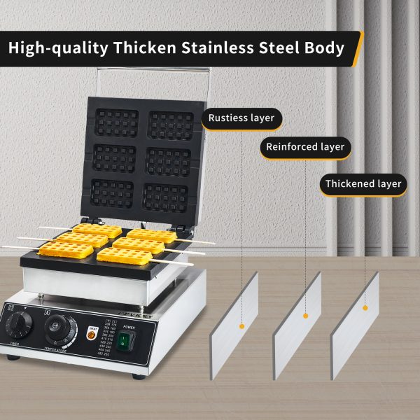 Household Hotel Use Stainless Steel Electric 6-Slice Double-Sided Waffle Maker Temperature Time Control Easy Operate for Snacks