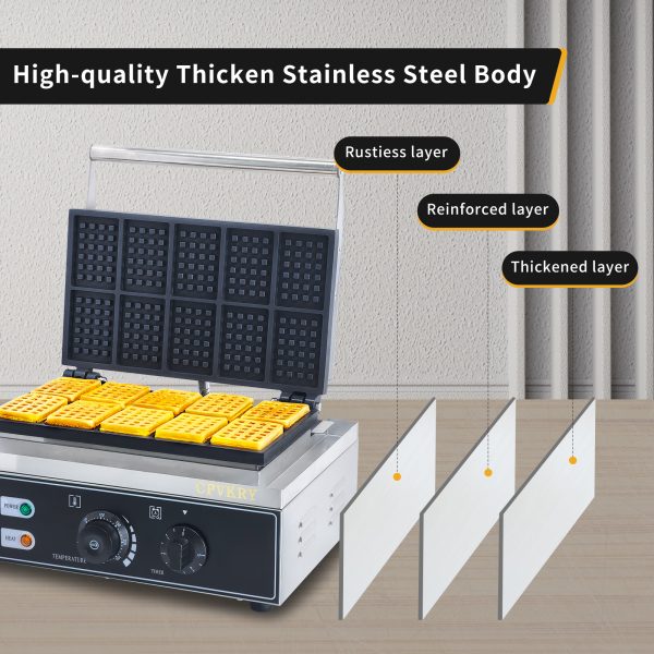 Commercial Stainless Steel Rectangle Waffle Maker 10pcs Non-Stick Industrial Belgian Waffle Iron 110/220V Temp Time Snack