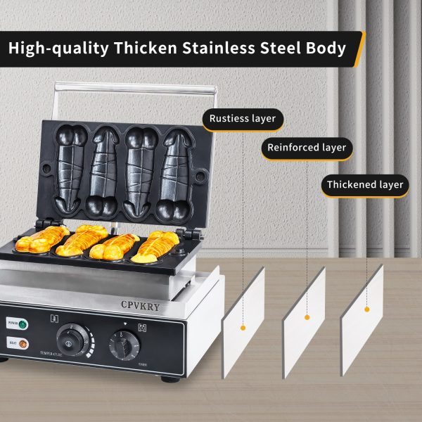 Adjustable 50-300℃/122-572℉ Non-Stick Teflon Coating Penis Shape Waffle Maker & Hotdog Maker 4 Snack Machine Molds