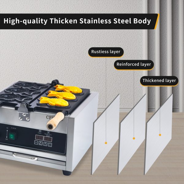 LED Professional Electric 110V Japanese Taiyaki Waffle Iron Machine Non-Stick Teflon Coating Intelligent 3 Pcs Fish Type Snack