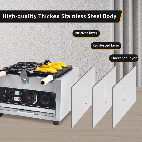 Commercial Electric Waffle Maker Nonstick 3-Piece Japanese Taiyaki Making Machine Stainless Steel Baker Teflon Coating for Snack