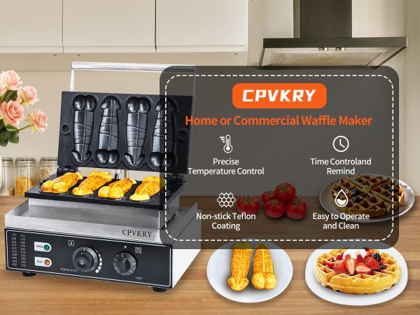 Adjustable 50-300℃/122-572℉ Non-Stick Teflon Coating Penis Shape Waffle Maker & Hotdog Maker 4 Snack Machine Molds