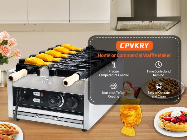 110V Commercial Stainless Steel Taiyaki Fish Waffle Maker New 50-300℃/122-572℉ Adjustable Temperature for Ice Cream Waffles