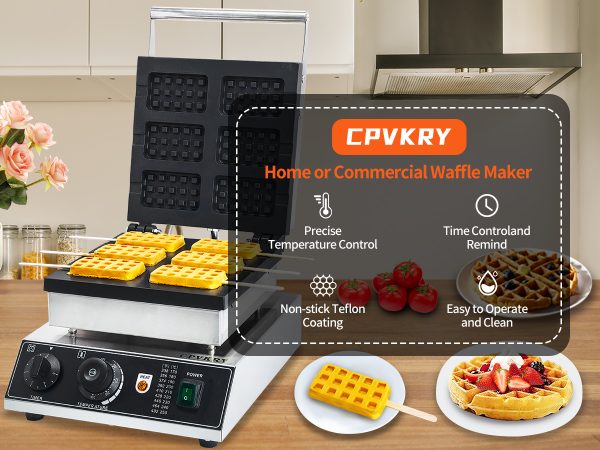 Household Hotel Use Stainless Steel Electric 6-Slice Double-Sided Waffle Maker Temperature Time Control Easy Operate for Snacks