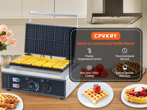 Commercial Stainless Steel Rectangle Waffle Maker 10pcs Non-Stick Industrial Belgian Waffle Iron 110/220V Temp Time Snack