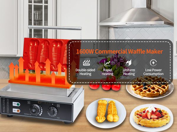 Adjustable 50-300℃/122-572℉ Non-Stick Teflon Coating Penis Shape Waffle Maker & Hotdog Maker 4 Snack Machine Molds