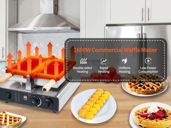 Commercial Double-Heating Stainless Steel Bubble Waffle Stick Maker 3-Grid Nonstick Electric Waffle Snack Machine Condition New