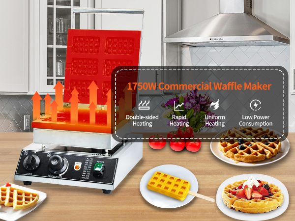 Household Hotel Use Stainless Steel Electric 6-Slice Double-Sided Waffle Maker Temperature Time Control Easy Operate for Snacks