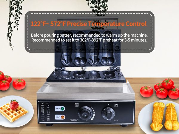 Adjustable 50-300℃/122-572℉ Non-Stick Teflon Coating Penis Shape Waffle Maker & Hotdog Maker 4 Snack Machine Molds
