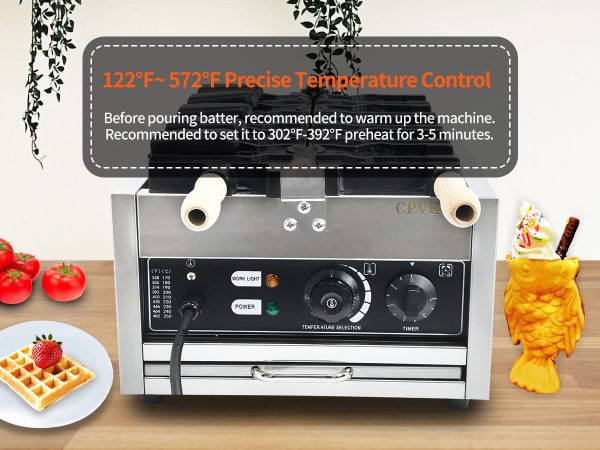 110V Commercial Stainless Steel Taiyaki Fish Waffle Maker New 50-300℃/122-572℉ Adjustable Temperature for Ice Cream Waffles