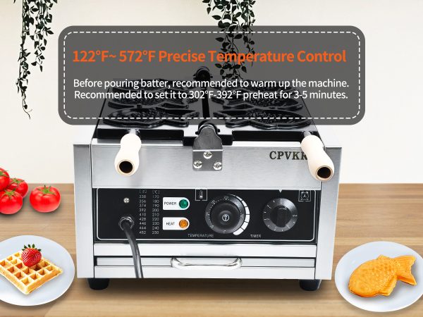 Commercial Electric Waffle Maker Nonstick 3-Piece Japanese Taiyaki Making Machine Stainless Steel Baker Teflon Coating for Snack