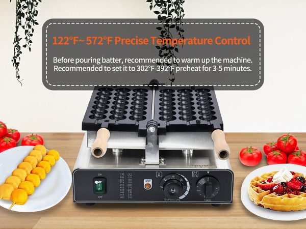 Commercial Double-Heating Stainless Steel Bubble Waffle Stick Maker 3-Grid Nonstick Electric Waffle Snack Machine Condition New