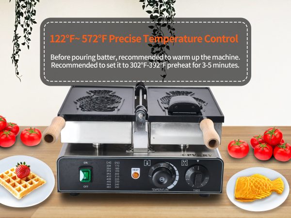 Taiyaki Fish-Shaped Waffle Iron Non-Stick for Teflon Coating 50-300℃ Adjustable Snack Machine for Ice Cream Waffle Cones New