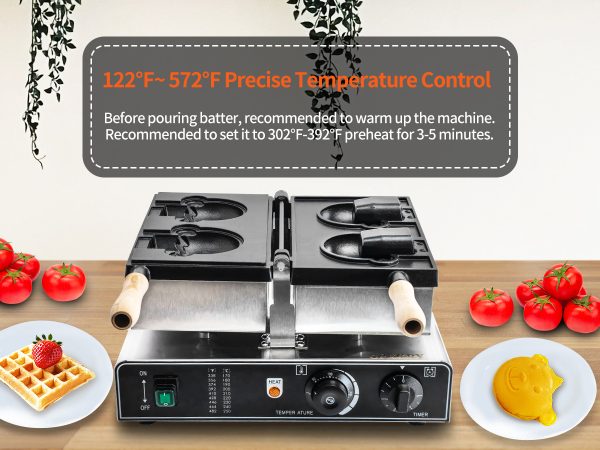 Bear Shaped Waffle Cone Maker Non-Stick Rotatable Stainless Steel Body Teflon-Coated Baking Pan 122-572℉ Machine Snack Machine