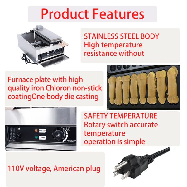 Professional 8 pcs Two-Row Stainless Steel Penile Waffle Maker Electric Gas Fashion Style Penis Shape Stuffed Waffle Machine