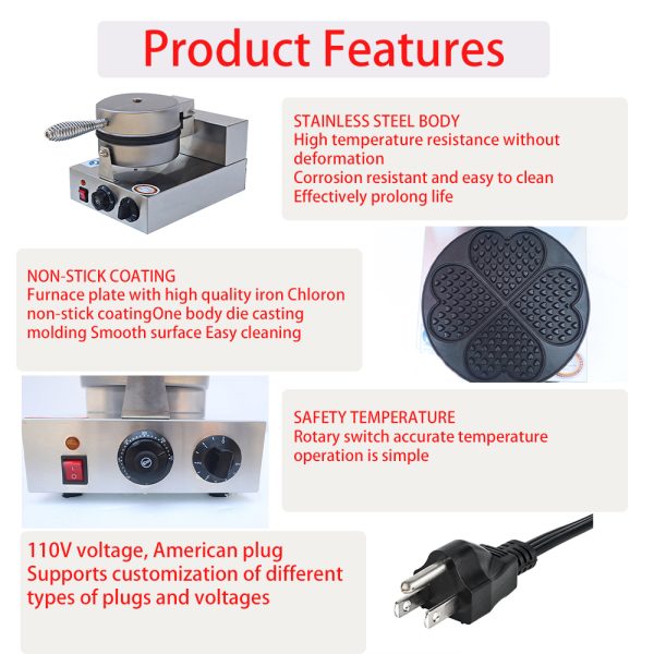 Commercial Heart-Shape Belgian Waffle Maker Nonstick Stainless Steel Body New 122-572℉ / 50-300℃ Temp Range for Bakery Snack Bar