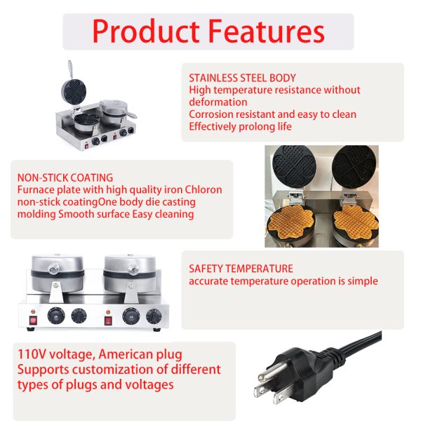 Professional 2600W Electric Double Head Foam Waffle Machine Egg Heart Shaped Temperature Controlled for Household Use