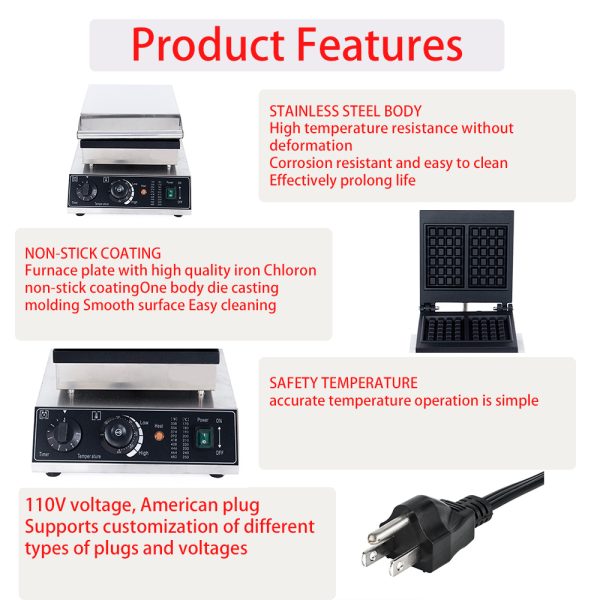 Commercial Electric 110/220V Belgian Waffle Maker 2pcs Non-Stick Square with Temperature Time Control for Home Use New Condition