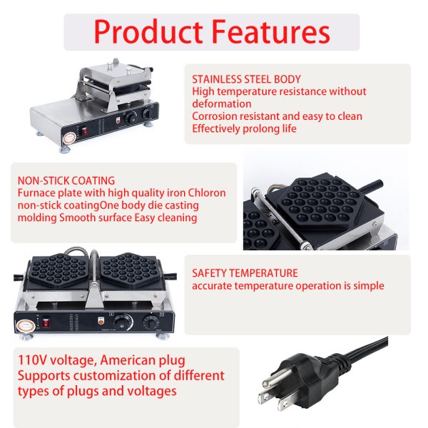 1400W Commercial Stainless Steel Bubble Waffle Maker Non-Stick for Teflon Coating Iron Snack Machine Plastic Handle Condition Ne