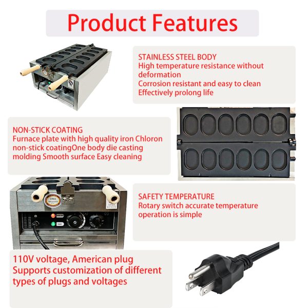 6pcs Commercial Electric Waffle Maker Machine Nonstick Stainless Steel Oval Egg Shaped Snack with Time Control New Condition