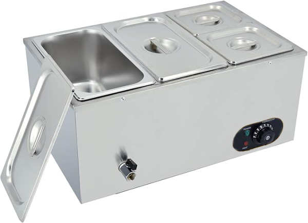 Commercial Electric 4 Pan Bain Marie Buffet Server Stainless Steel Restaurant Catering Heater 30-85°C with Lid Drain Faucet