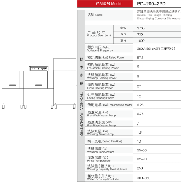 380v Industrial Commercial Double-Tank Single-Rinsing-Drying Stainless Steel Electric Conveyor Dishwasher Suitable for Hotels