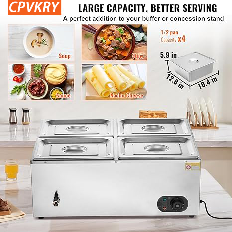 Commercial Professional Stainless Steel Countertop Buffet Bain Marie Electric Temper Control Body Lid Drain Faucet for Catering