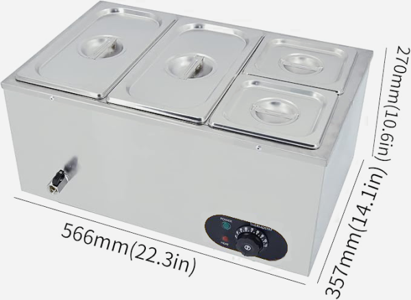 Commercial Electric 4 Pan Bain Marie Buffet Server Stainless Steel Restaurant Catering Heater 30-85°C with Lid Drain Faucet
