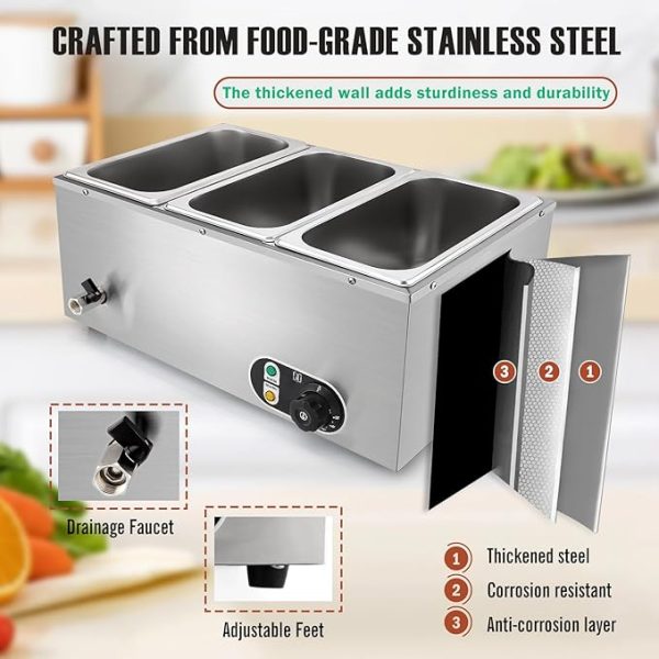 Commercial Electric Food Heater Industrial 1500W Stainless Steel Body 3 Steam Tables Bain Marie 30-85℃ Hotels Restaurants