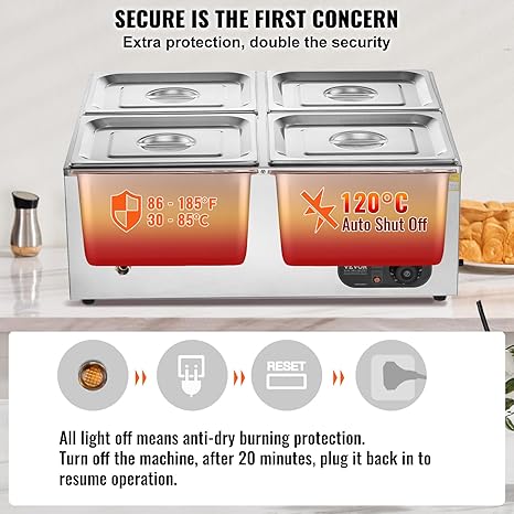 Commercial Professional Stainless Steel Countertop Buffet Bain Marie Electric Temper Control Body Lid Drain Faucet for Catering