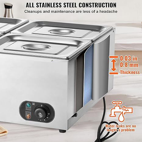 Commercial Professional Stainless Steel Countertop Buffet Bain Marie Electric Temper Control Body Lid Drain Faucet for Catering