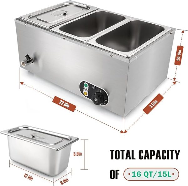 Commercial Electric Food Heater Industrial 1500W Stainless Steel Body 3 Steam Tables Bain Marie 30-85℃ Hotels Restaurants