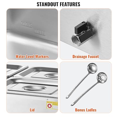 Commercial Professional Stainless Steel Countertop Buffet Bain Marie Electric Temper Control Body Lid Drain Faucet for Catering