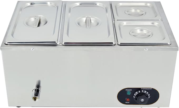 Commercial Electric 4 Pan Bain Marie Buffet Server Stainless Steel Restaurant Catering Heater 30-85°C with Lid Drain Faucet