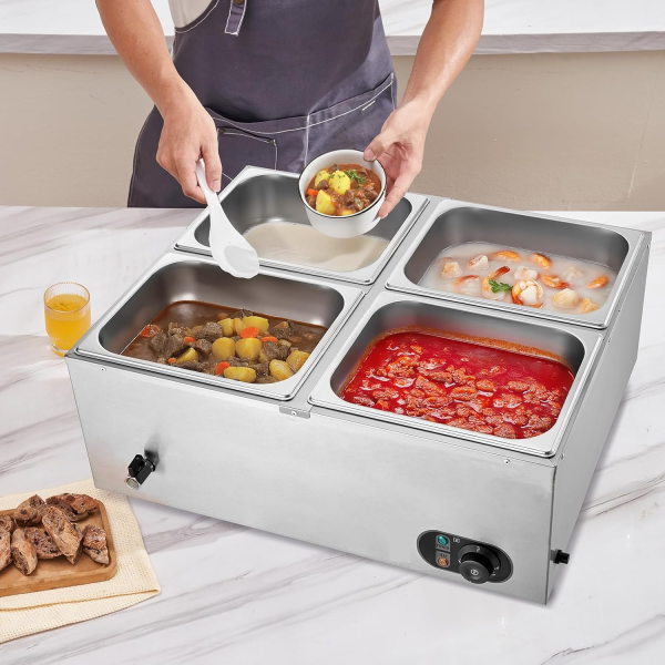 Commercial Professional Stainless Steel Countertop Buffet Bain Marie Electric Temper Control Body Lid Drain Faucet for Catering