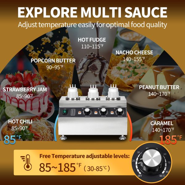 2400W Commercial Mini Hot Chocolate Soy Sauce Filling Spread Warmer and Electric Stainless Steel Fruit 3 Bottle Sauce Warmer