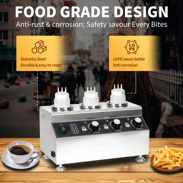 2400W Commercial Mini Hot Chocolate Soy Sauce Filling Spread Warmer and Electric Stainless Steel Fruit 3 Bottle Sauce Warmer