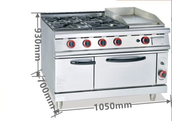 Commercial 4-Burner Gas Range with Griddle & Oven | All-in-One Cooking Station for Restaurants & Cafes, Customizable Fuel Type