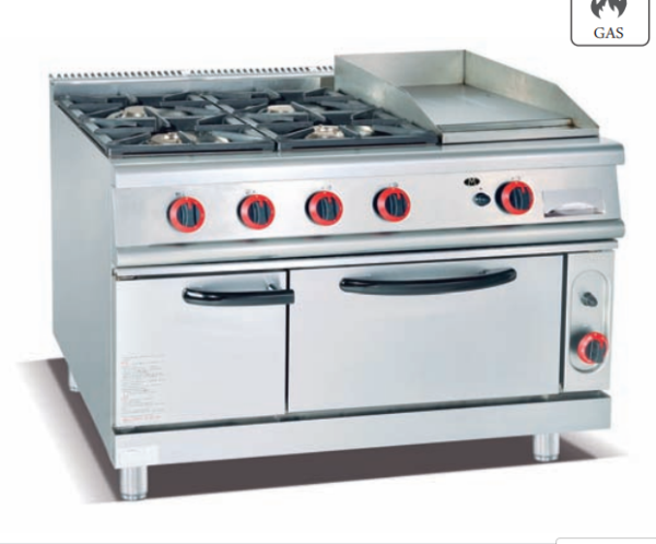 Commercial 4-Burner Gas Range with Griddle & Oven | All-in-One Cooking Station for Restaurants & Cafes, Customizable Fuel Type