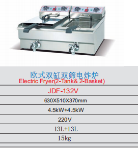 Commercial 13L+13L European-Style Dual-Tank Electric Deep Fryer with 2 Baskets | 4.5kW+4.5kW Power, 220V, Compact Stainless Steel Countertop Fryer with Independent Controls & Drain Taps for Fast Food, Fried Chicken & Small Kitchens (JDF-132V)