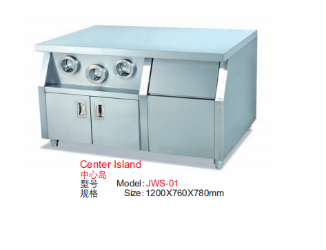 Commercial Stainless Steel Fast Food Center Island Station | Compact Beverage Prep Workstation with 3 Built-In Cup Dispensers (JWS-01)