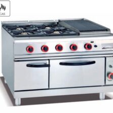 Commercial 4-Burner Gas Range with Lava Rock Grill & Oven | Multi-Function Cooking Station for Restaurants, Customizable for LPG/Natural Gas