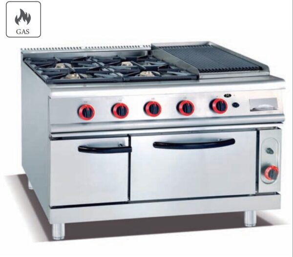 Commercial 4-Burner Gas Range with Lava Rock Grill & Oven | Multi-Function Cooking Station for Restaurants, Customizable for LPG/Natural Gas