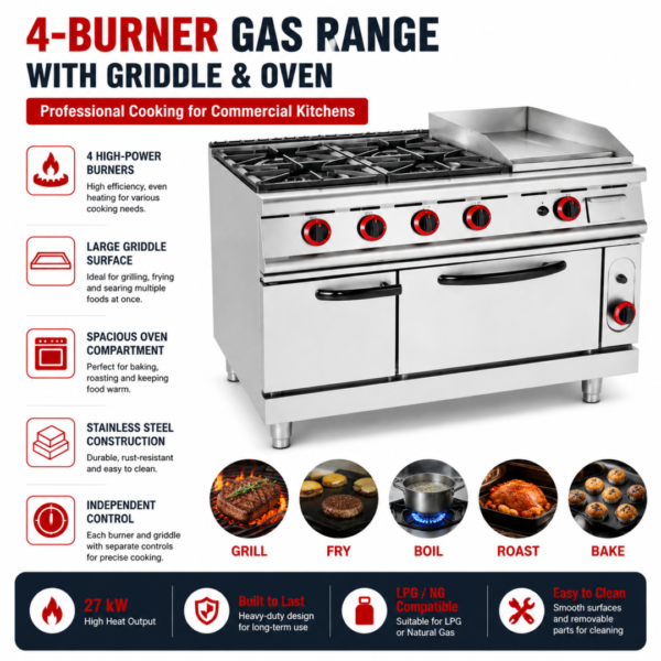 Commercial Gas Range with 4-Burner, Griddle & Oven | Heavy-Duty Freestanding Multi-Function Cooking Station for Professional Kitchens, Customizable