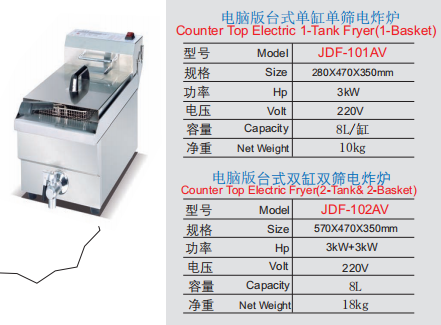 Commercial Countertop Electric Deep Fryer | 3kW 220V Stainless Steel 1-Tank Fryer, 8L Capacity with Digital Temperature Control for Restaurant, Food Truck & Snack Shop (JDF-101AV)