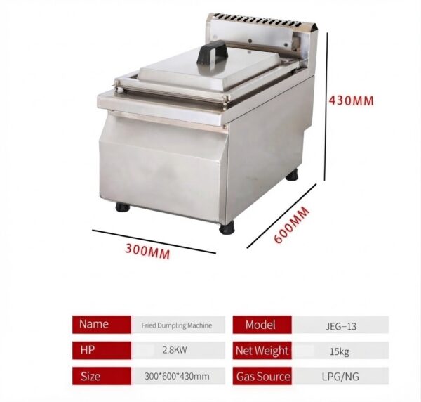 Commercial Gas Fried Dumpling Machine | 2.8kW LPG/NG Countertop Potsticker Fryer, Stainless Steel Gyoza Griddle with Lid for Restaurant & Breakfast Shop (JEG-13)
