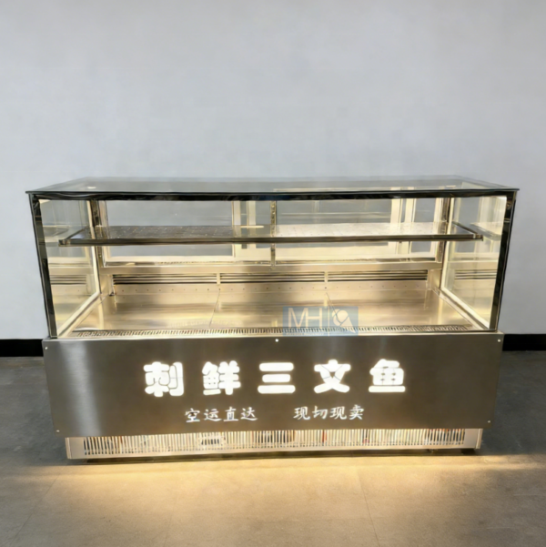 Commercial Single-Temperature Sushi Bar Refrigerated Display Counter Stainless Steel Base Anti Fog White Glass Custom Laser