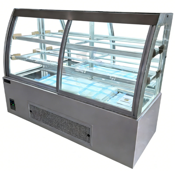European Curved Glass Cake Showcase Bakery European Style Front Sliding Curved Glass Cake Showcase Anti-Fog LED Lighting Energy Saving Compressor Commercial Use for Bakery