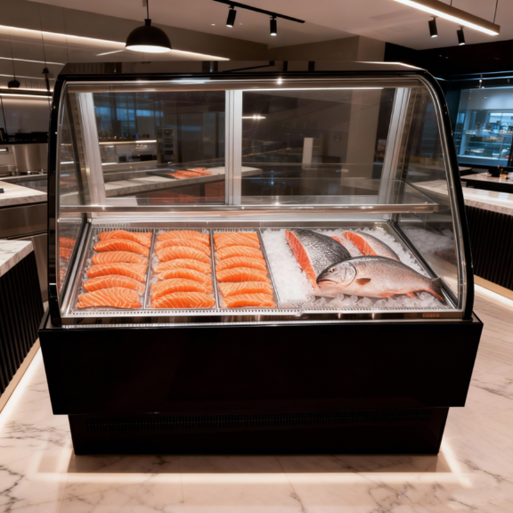 Commercial Single-Temperature Sushi Bar Refrigerated Display Counter Stainless Steel Base Anti Fog White Glass Custom Laser